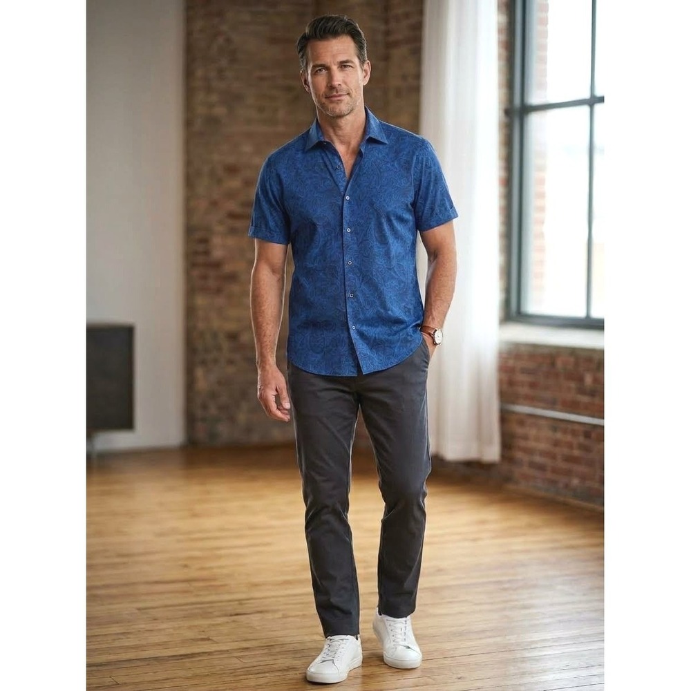Robert Graham Mens Blue Paisley Short Sleeve Button Down Shirt Classic Fit M